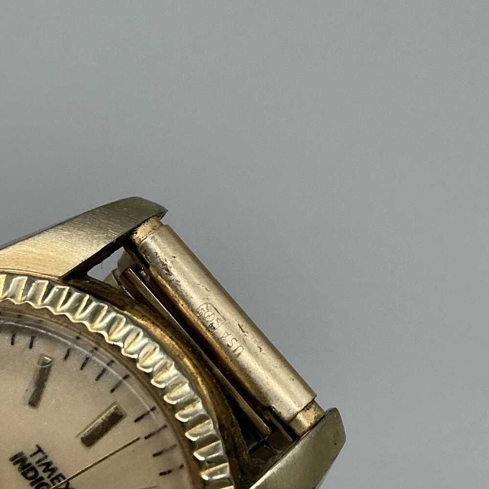 Vintage Timex Indiglo WR 30M Mens Watch 34mm Gold Tone Day Date New Battery